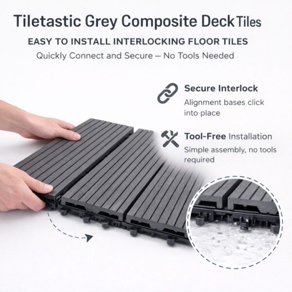 Tiletastic Grey Composite Interlocking Floor Decking Tiles – 30cm x 30cm x 0.23cm, Water, Swelling & Decay Resistant, Durable Outdoor Flooring