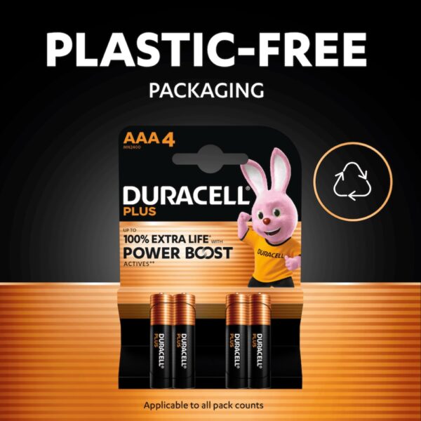 Duracell Plus Boost Alkaline Batteries 1.5V Size AAA (Pack of 4) – Long-Lasting Power, 100% Life Guaranteed (LR03/MN2400)