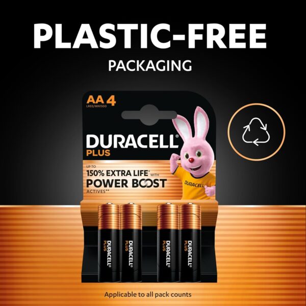 Duracell Plus Boost Alkaline Batteries 1.5V Size AA (Pack of 4) – Long-Lasting Power, 100% Life Guaranteed (LR6/MN1500)