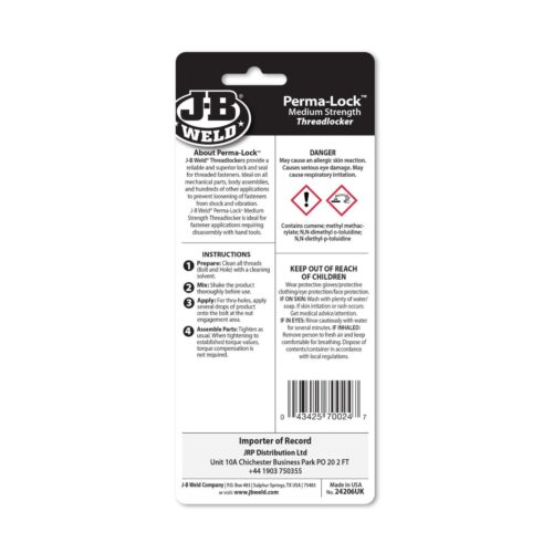 J-B Weld Perma-Lock Medium Strength Threadlocker – 6ml Blue, Secure Vibration-Resistant Bond - Image 2