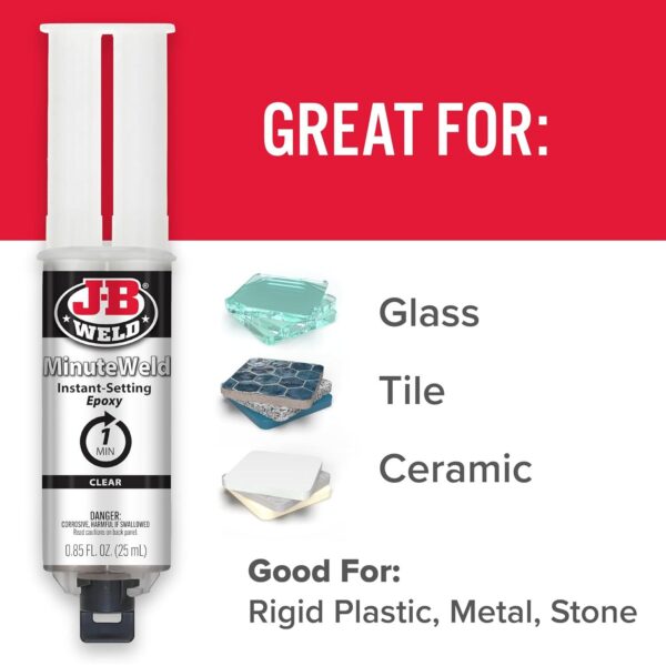 J-B Weld Clear MinuteWeld Instant Setting Epoxy – 25ml Syringe, 1-Minute Set Time, Clear Fast-Bond Adhesive 4 JBW 50101 5