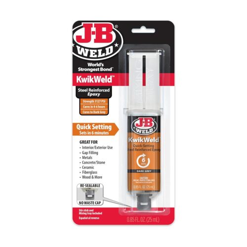 J-B Weld KwikWeld Steel-Reinforced Epoxy – 25ml Syringe Dark Grey, 6-Minute Set Time, 3127 PSI Strength
