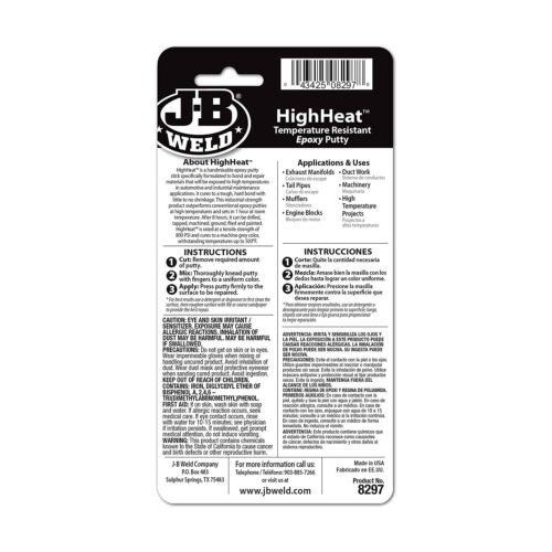 J-B Weld HighHeat Temperature Resistant Epoxy Putty – 57g (2oz) Grey, 1-Hour Set Time, 205°C Heat Resistant, 800/600 PSI Strength - Image 2
