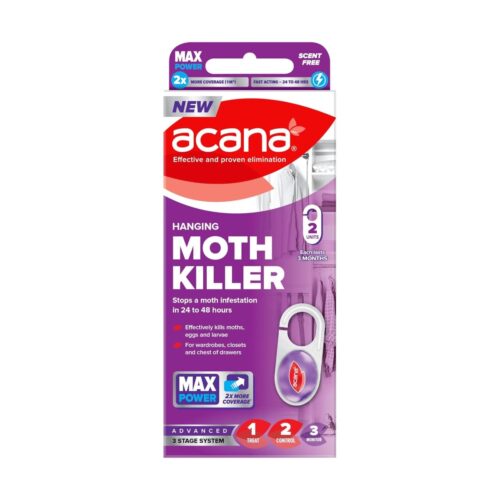 Acana Hanging Moth Killer 2 Pack – Fragrance Free Wardrobe Moth Killer, Kills Moths, Eggs & Larvae, Lasts Up to 3 Months