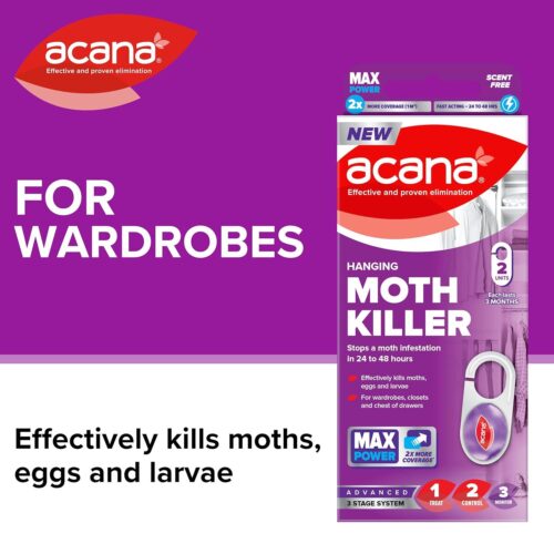 Acana Hanging Moth Killer 2 Pack – Fragrance Free Wardrobe Moth Killer, Kills Moths, Eggs & Larvae, Lasts Up to 3 Months - Image 2