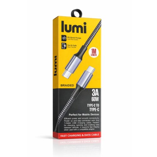 Lumi USB-C to USB-C Cable 1m Black/Grey – 60W PD Fast Charging & Data Transfer, 3A Braided Type C Cable for Phones & Devices
