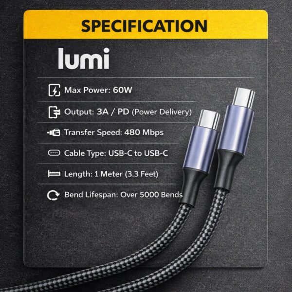 Lumi USB-C to USB-C Cable 1m Black/Grey – 60W PD Fast Charging & Data Transfer, 3A Braided Type C Cable for Phones & Devices 1 D2G 17470 2