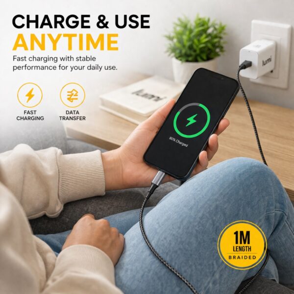 Lumi USB-C to USB-C Cable 1m Black/Grey – 60W PD Fast Charging & Data Transfer, 3A Braided Type C Cable for Phones & Devices 4 D2G 17470 5