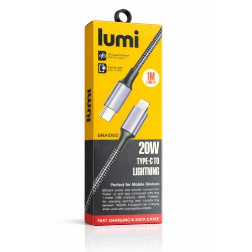Lumi USB-C to Lightning Cable 1m Black/Grey – 20W Fast Charging & Data Transfer, Braided Type C Charger Cable for iPhone & Devices