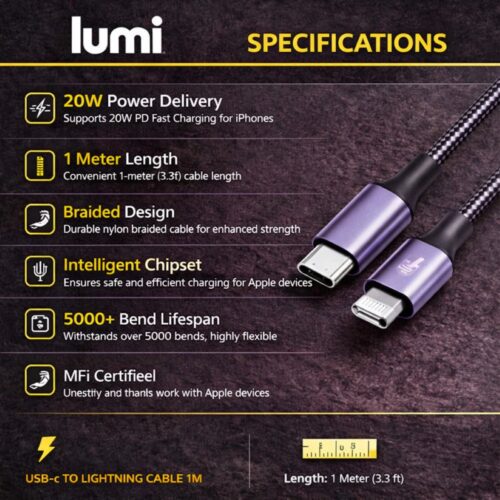 Lumi USB-C to Lightning Cable 1m Black/Grey – 20W Fast Charging & Data Transfer, Braided Type C Charger Cable for iPhone & Devices 6 Lumi USB-C to Lightning Cable 1m Black/Grey – 20W Fast Charging & Data Transfer, Braided Type C Charger Cable for iPhone & Devices - Image 2