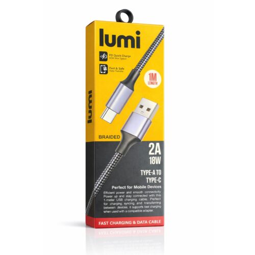 Lumi USB-A to USB-C Cable 1m Black/Grey – 18W Fast Charging & Data Transfer, 2A Braided Type C Charger Cable for Mobile Devices