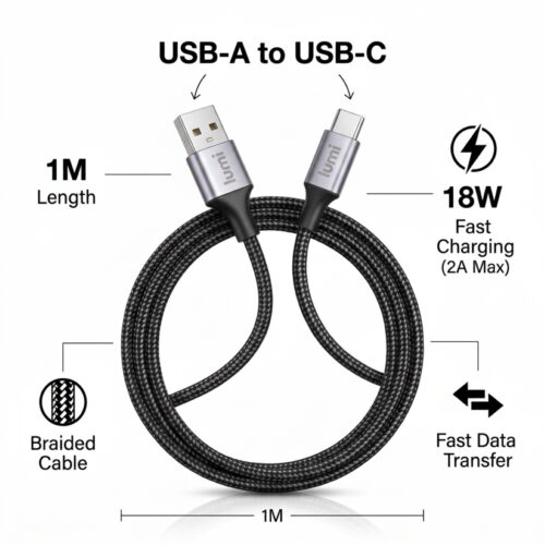 Lumi USB-A to USB-C Cable 1m Black/Grey – 18W Fast Charging & Data Transfer, 2A Braided Type C Charger Cable for Mobile Devices - Image 2