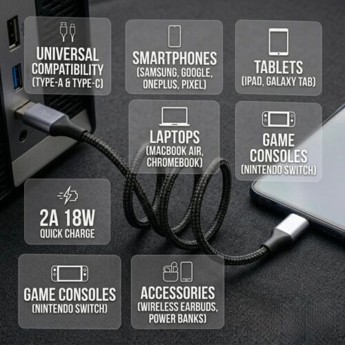 Lumi USB-A to USB-C Cable 1m Black/Grey – 18W Fast Charging & Data Transfer, 2A Braided Type C Charger Cable for Mobile Devices - Image 4