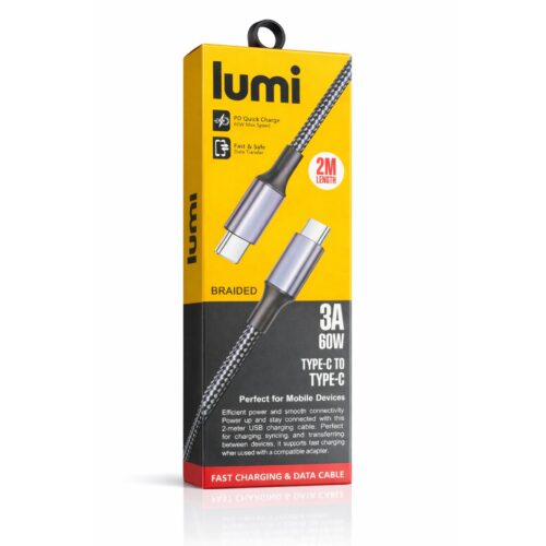 Lumi USB-C to USB-C Cable 2m Black/Grey – 60W PD Fast Charging & Data Transfer, 3A Braided Type C Cable for Phones & Devices