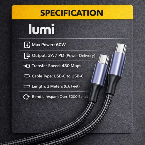 Lumi USB-C to USB-C Cable 2m Black/Grey – 60W PD Fast Charging & Data Transfer, 3A Braided Type C Cable for Phones & Devices 6 Lumi USB-C to USB-C Cable 2m Black/Grey – 60W PD Fast Charging & Data Transfer, 3A Braided Type C Cable for Phones & Devices - Image 2