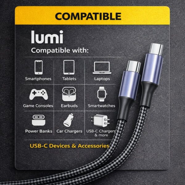 Lumi USB-C to USB-C Cable 2m Black/Grey – 60W PD Fast Charging & Data Transfer, 3A Braided Type C Cable for Phones & Devices 2 D2G 17647 3