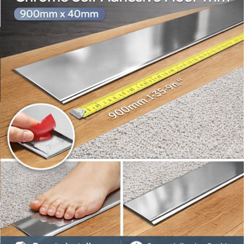 Chrome Effect Self-Adhesive Aluminium Floor Threshold Strip 900mm – Flat Cover Trim 40x3mm for Laminate, Wood & Vinyl Floors