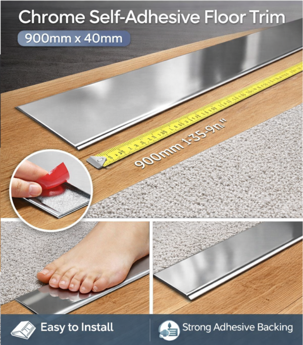 Chrome Effect Self-Adhesive Aluminium Floor Threshold Strip 900mm – Flat Cover Trim 40x3mm for Laminate, Wood & Vinyl Floors