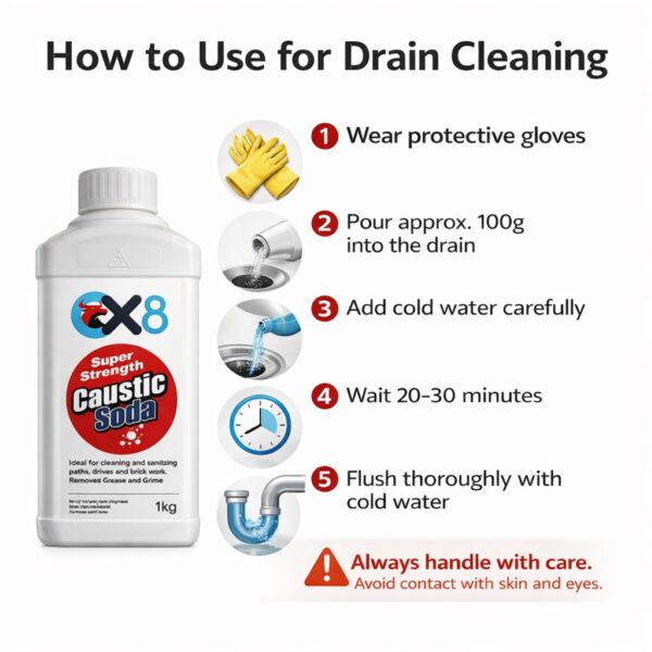 Caustic Soda 1kg – Heavy Duty Drain Cleaner & Degreaser for Grease, Brickwork, Paths & General Cleaning 2 Caustic Soda 1kg – Heavy Duty Drain Cleaner & Degreaser for Grease, Brickwork, Paths & General Cleaning