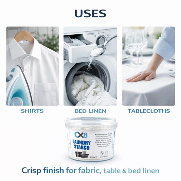 Laundry Starch 250g – Crisp Finish Fabric Starch for Shirts, Table Linen & Bedding, Easy Ironing Finish 5 Laundry Starch 250g – Crisp Finish Fabric Starch for Shirts, Table Linen & Bedding, Easy Ironing Finish