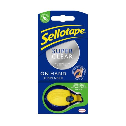 Sellotape On Hand Tape Dispenser (18mm x 15m) – Super Clear Extra Sticky Tape with Maximum Clarity