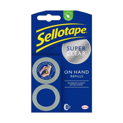 Sellotape On Hand Tape Refills (18mm x 15m, 2 Rolls) – Super Clear Extra Sticky Tape, Maximum Clarity