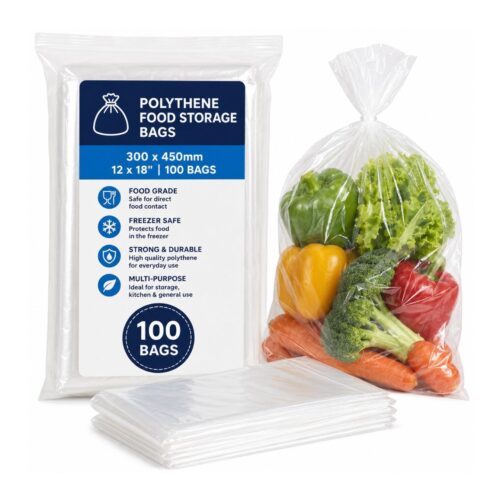 Polythene Food Storage Bags – 300 x 450mm (12 x 18″, 100 Bags) – Food Grade Clear Bags for Storage, Freezer & Kitchen Use