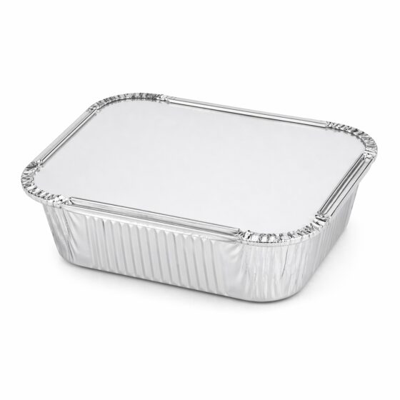 Aluminium Foil Containers with Lids – 410ml (145 x 120 x 46mm, 100 Pack) – Recyclable Food Trays for Cooking & Storage