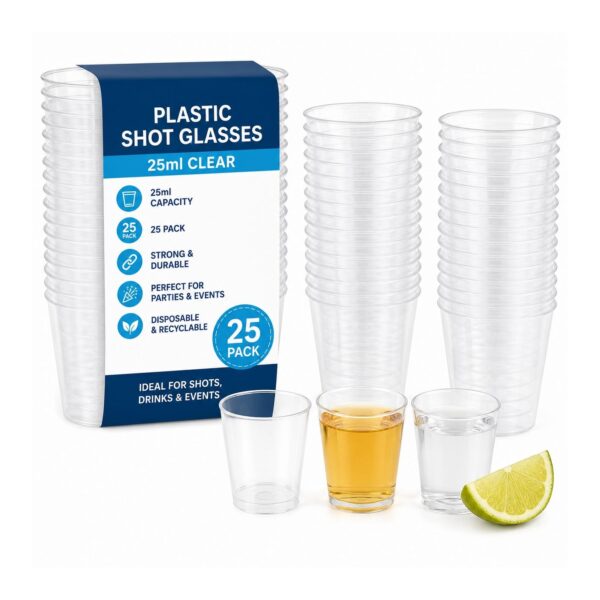 D2G-0600 Plastic Shot Glasses – 25ml Clear (25 Pack) – Disposable Party Cups for Drinks, Shots & Events