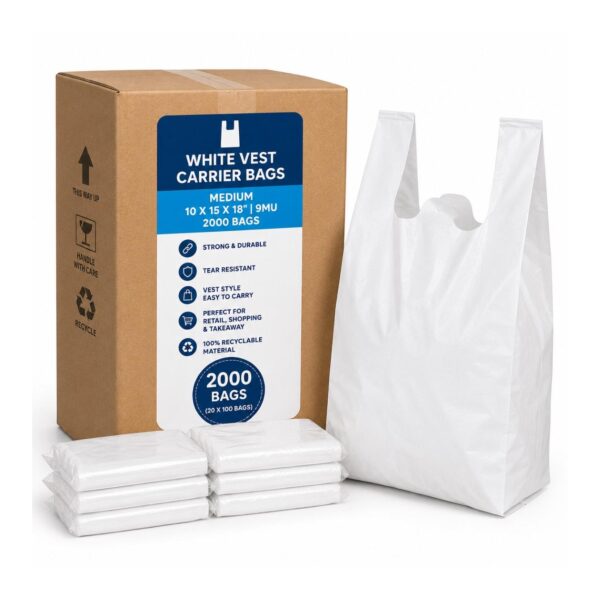 D2G-1126 White Vest Carrier Bag Medium 10 x 15 x 18″ 9mu – 2000 Bags (20 x 100 Bags), Strong Plastic Shopping Bags for Retail & Takeaway