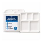 Sugarcane Bagasse Plates – 5 Compartment Rectangle (25 Pack) – 100% Compostable & Biodegradable, Extra Strong Dinner Plates