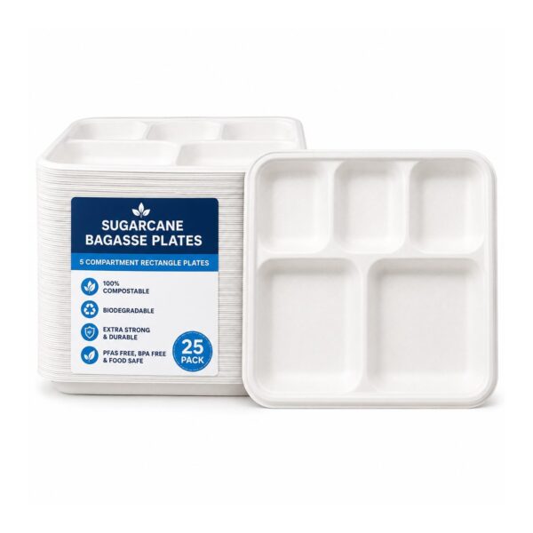 D2G-16202 Sugarcane Bagasse Plates – 5 Compartment Rectangle (25 Pack) – 100% Compostable & Biodegradable, Extra Strong Dinner Plates