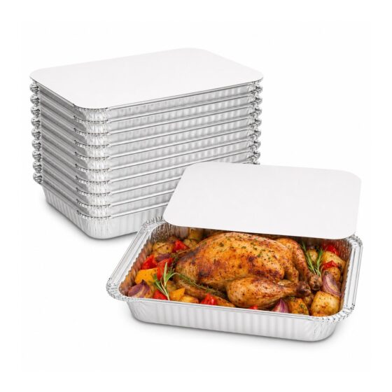 Aluminium Foil Containers with Lids – 3200ml (259 x 188 x 59mm, 10 Pack) – Recyclable Catering Trays for Cooking & Storage