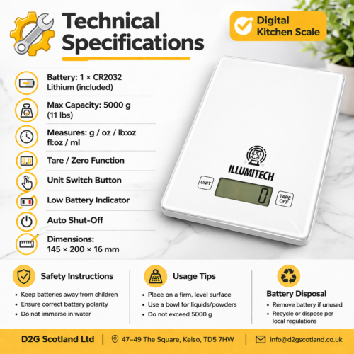 Digital Kitchen Scale 1g up to 5kg – Glass Platform, LCD Display, Tare Function, Multi-Unit g/oz/lb/ml, Slim Design 13 Digital Kitchen Scale 1g up to 5kg – Glass Platform, LCD Display, Tare Function, Multi-Unit g/oz/lb/ml, Slim Design - Image 7