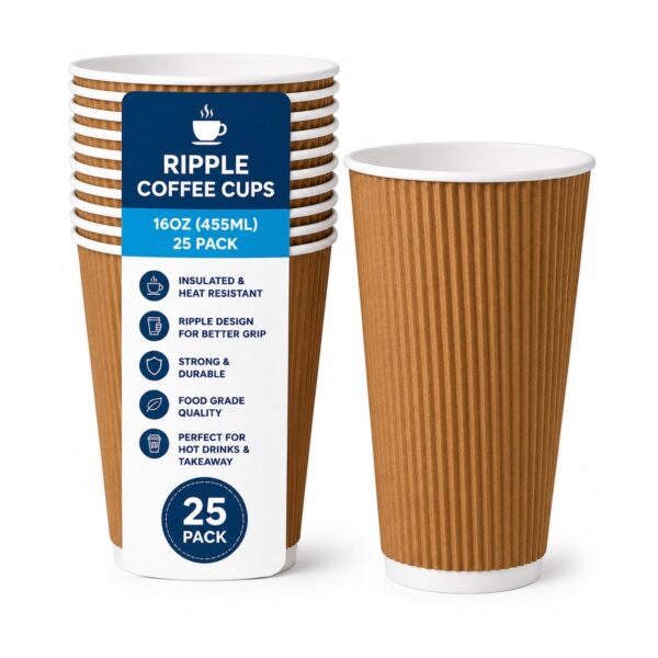 D2G-17807 Ripple Coffee Cups – 16oz (455ml, 25 Pack) Brown – Insulated Disposable Cups for Hot Drinks, Coffee & Takeaway