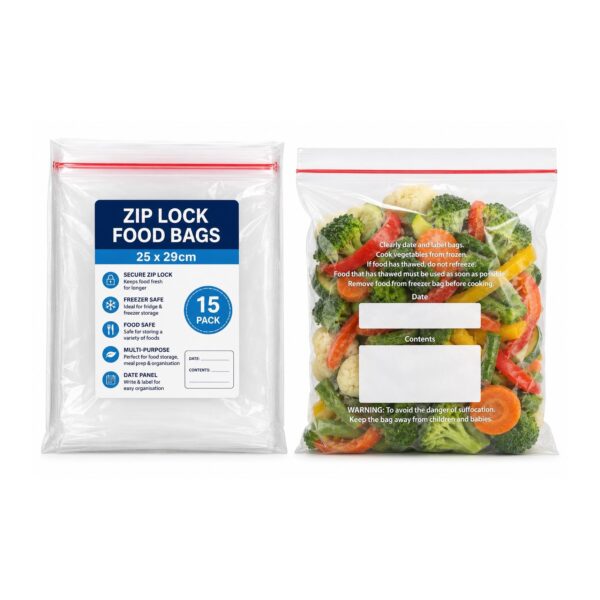 D2G-2902 Zip Lock Food Bags – 25 x 29cm (15 Pack) – Clear Freezer Bags with Date Panel for Storage & Food Organisation