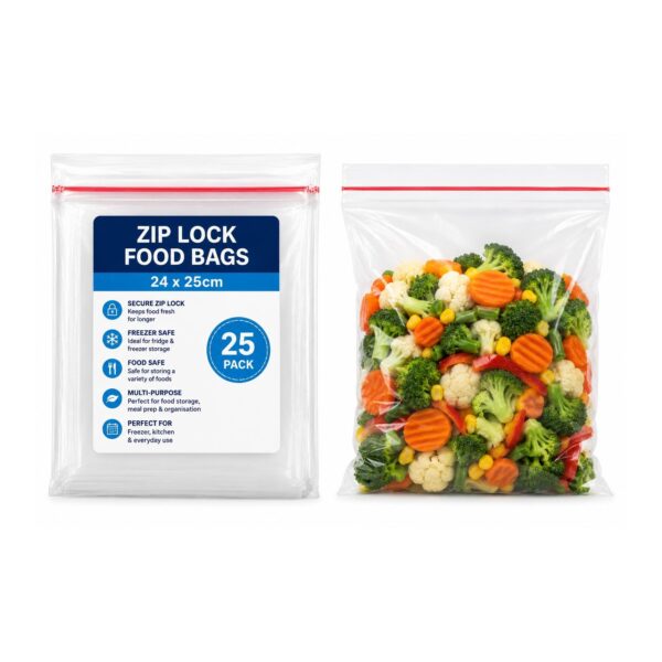 D2G-2933 Zip Lock Food Bags – 24 x 25cm (25 Pack) – Clear Freezer Bags for Food Storage, Freezer & Kitchen Use