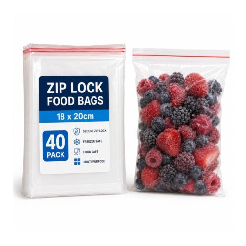 Zip Lock Food Bags – 18 x 20cm (40 Pack) – Clear Freezer Bags for Food Storage, Freezer & Kitchen Use