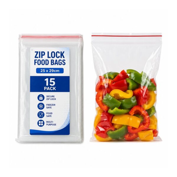 D2G-2995 Zip Lock Food Bags – 25 x 29cm (15 Pack) – Plain Clear Freezer Bags for Food Storage & Kitchen Use