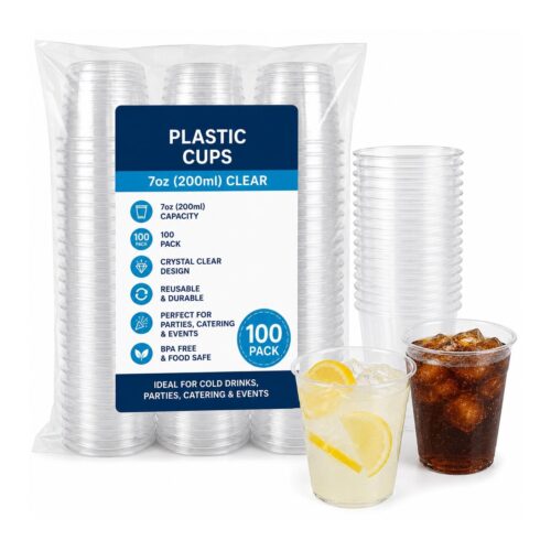 Plastic Cups – Clear 7oz (200ml, 100 Pack) – Reusable Drinking Cups for Parties, Catering & Events