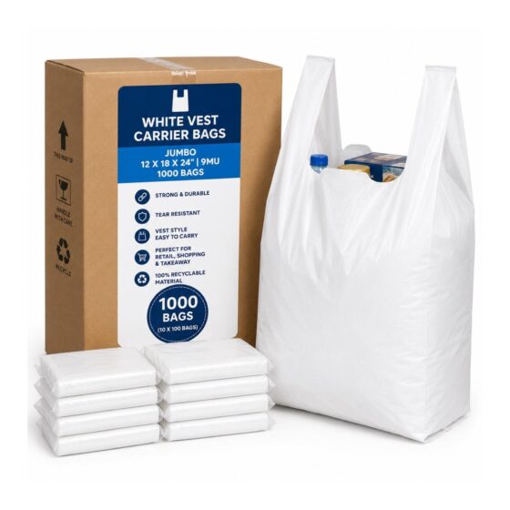 White Vest Carrier Bag Jumbo 12 x 18 x 24″ 9mu – 1000 Bags (10 x 100 Bags), Strong Plastic Shopping Bags for Retail & Takeaway