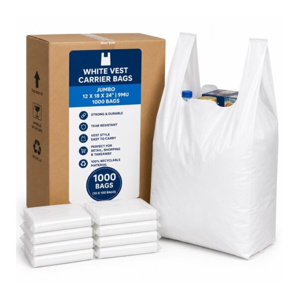 D2G-4301 White Vest Carrier Bag Jumbo 12 x 18 x 24″ 9mu – 1000 Bags (10 x 100 Bags), Strong Plastic Shopping Bags for Retail & Takeaway