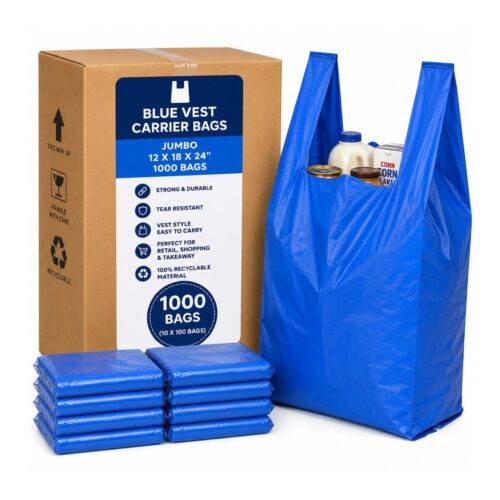 Blue Vest Carrier Bag Jumbo 12 x 18 x 24″ – 1000 Bags (10 x 100 Bags), Strong Plastic Shopping Bags for Retail & Takeaway