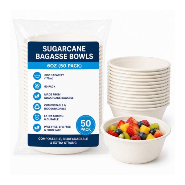 D2G-4592 Sugarcane Bagasse Bowls – 6oz (50 Pack) – Compostable, Biodegradable, Extra Strong Disposable Food Bowls