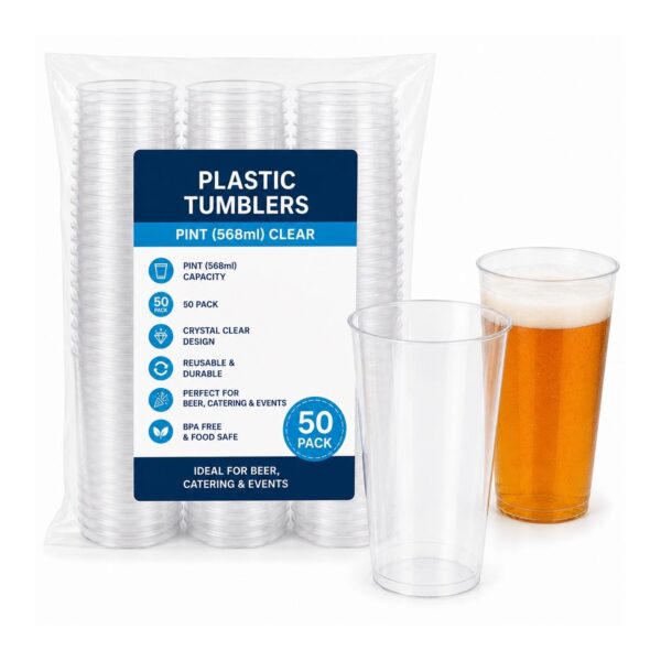 D2G-5382 Plastic Tumblers – Pint Clear (50 Pack) – Reusable Drinking Cups for Beer, Catering & Events