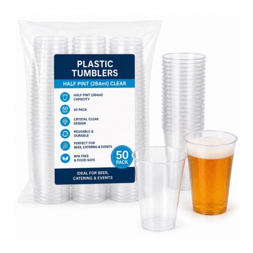 Plastic Tumblers - Half Pint Clear (50 Pack) - Reusable Drinking Cups for Beer, Catering & Events 1 Plastic Tumblers – Half Pint Clear (50 Pack) – Reusable Drinking Cups for Beer, Catering & Events