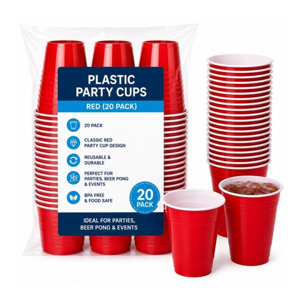D2G-5405 Plastic Party Cups – Red (20 Pack) – Reusable Drinking Cups for Parties, Beer Pong & Events