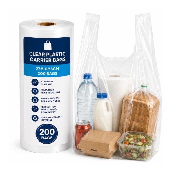 D2G-5804 Clear Plastic Carrier Bag Roll with Handles – 27.5 x 53cm (200 Bags) – Strong Shopping Bags for Retail, Food & Takeaway
