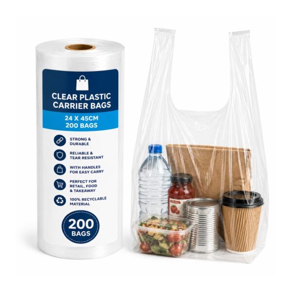 Clear Plastic Carrier Bag Roll with Handles – 24 x 45cm (200 Bags) – Strong Shopping Bags for Retail, Food & Takeaway