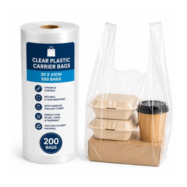 D2G-5828 Clear Plastic Carrier Bag Roll with Handles – 20 x 41cm (200 Bags) – Strong Shopping Bags for Retail, Food & Takeaway